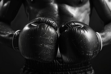 Boxer. Black and white stock photography. Man with boxing gloves on a black background.