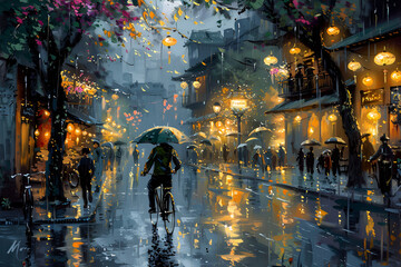 A painting of Hanoi, Vietnam street at night with rain and lights, a man riding a bicycle in the center holding an umbrella, old buildings on both sides, in the style of oil paint, colorful, detailed