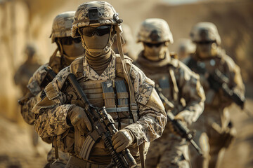 Fototapeta premium AI generated photo of people soldiers in combat gear fight on the battlefield