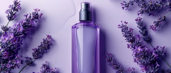 A bottle of perfume is on a table next to purple flowers