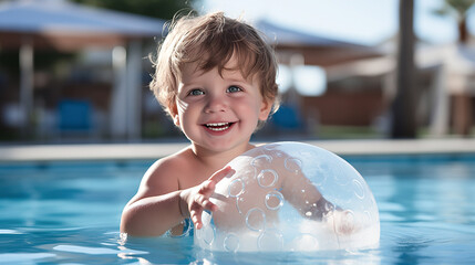 Adorable happy little child, toddler, having fun relaxing and playing with a ball in the pool on a sunny day during summer vacation at the resort