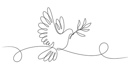 Continuous drawing line art of heart in hands. Hand drawn one line. Dove with olive branch. Symbol of peace
