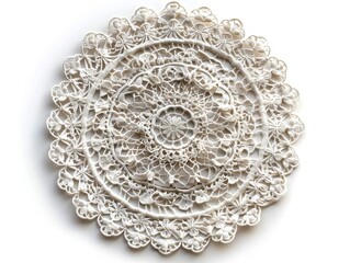 A white lace doily with a pattern of flowers and leaves