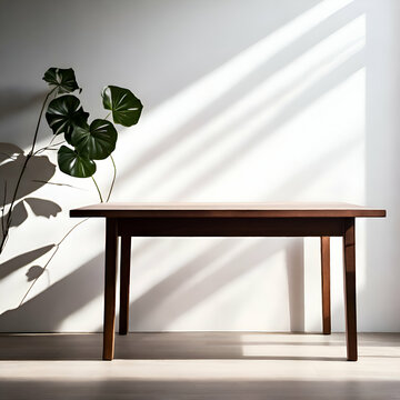 a table with a  palnt and  a shadow of it reflecting on wall