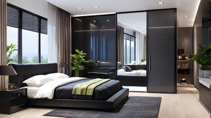 Modern bedroom design, modern furniture, double beds and french window, high-end apartments or hotels, high-end furniture