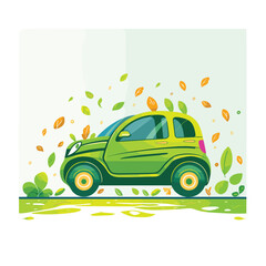 Ecofriendly green car driving through leaves depicting environmentally conscious transportation. Electric vehicle concept illustrating sustainable automotive technology among autumn foliage. Green