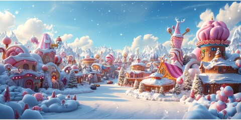 Winter wonderland depicted in a with colorful cartoon amusement park and candy land augmented by dazzling starburst effects, Generative AI