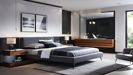 Modern bedroom design, modern furniture, double beds and french window, high-end apartments or hotels, high-end furniture