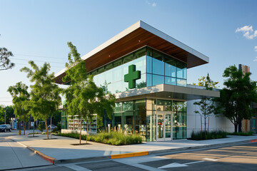 A modern pharmacy features a glass facade and a green cross sign, ensuring easy visibility and accessibility. The design is functional and bright, ideal for a healthcare facility