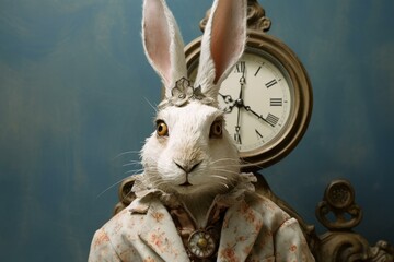 An imaginative steampunk-inspired rabbit character posing with an antique clock backdrop