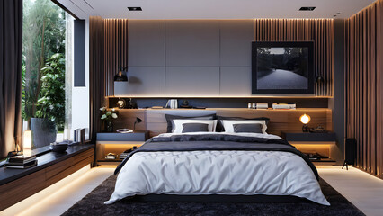 Modern bedroom design, modern furniture, double beds and french window, high-end apartments or hotels, high-end furniture