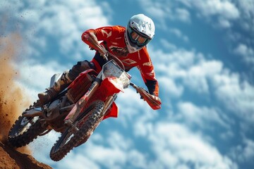 Motocross Race: A motocross rider catching air during a race, emphasizing speed and competition. 