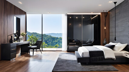 Modern bedroom design, modern furniture, double beds and french window, high-end apartments or hotels, high-end furniture