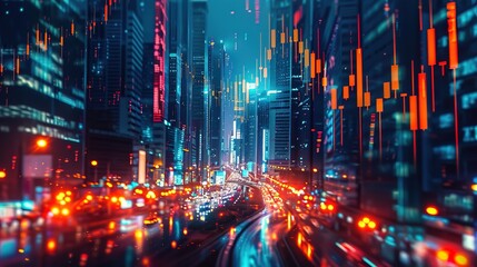 Night cityscape with colorful buildings, busy feel, overlay of stock market chart