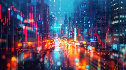 Night cityscape with colorful buildings, busy feel, overlay of stock market chart