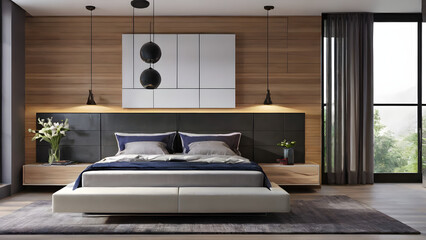 Modern bedroom design, modern furniture, double beds and french window, high-end apartments or hotels, high-end furniture
