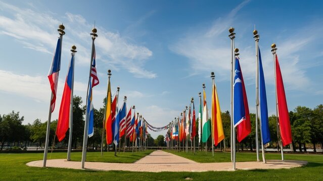 Park scene with intertwined flags and banners celebrating a sunny day