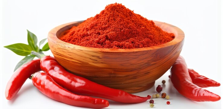 a wooden bowl filled with red chili powder next to red chili peppers