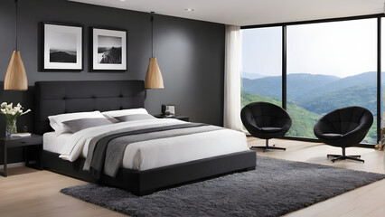 Modern bedroom design, modern furniture, double beds and french window, high-end apartments or hotels, high-end furniture