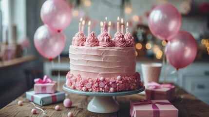 Elaborate pink tiered birthday cake with gifts and birthday balloons for a birthday party