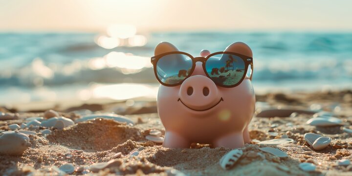 a piggy bank with sunglasses on it on the beach with the sun shining in the background