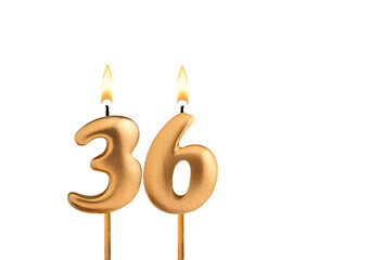 Golden candle number 36 - Birthday on white background