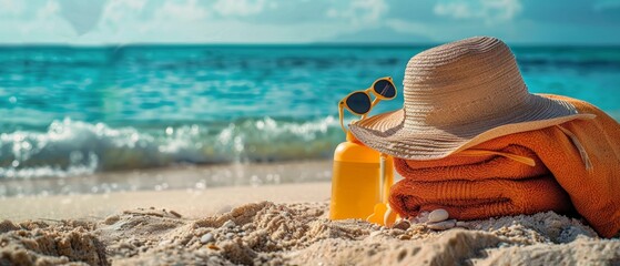 Beach bag with sunscreen, sunglasses, and a towel, ready for a day of fun in the sun