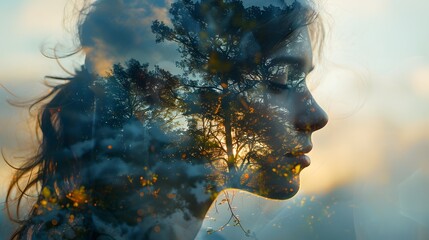 Intriguing double exposure image showcasing the ethereal connection between a young woman's peaceful countenance and the dynamic movements, Generative AI