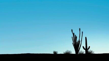 Cacti silhouette, minimalist design, clear blue sky, photorealistic, dynamic, blend mode, serene backdrop