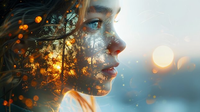 Intriguing double exposure image showcasing the ethereal connection between a young woman's peaceful countenance and the dynamic movements, Generative AI