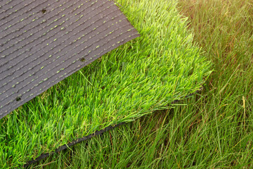 The sample of synthetic grass on the ground with natural grass. The decorative cover for yard or court.