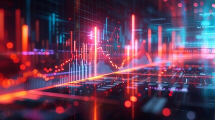 Obraz premium Brightly lit data graph on a transparent screen, visualizing technology market trends