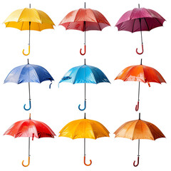 Colorful umbrellas arranged in a grid pattern. Various shades of red, blue, and yellow. Isolated on a white background.