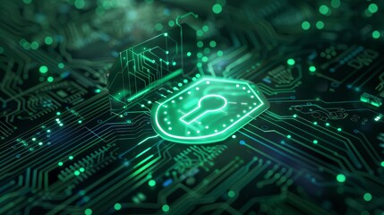 Futuristic digital shield lock green light circuit board background close up ethereal blend mode cybersecurity