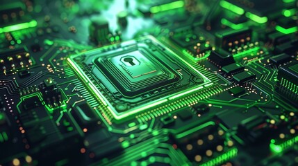 Futuristic lock and shield green light digital circuit board background close up surreal fusion electronic backdrop
