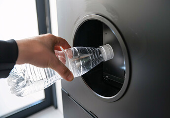 Woman Using Automated Machine for Plastic Bottle Recycling and Refund