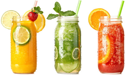 Colorful mason jar smoothies with fresh fruit garnishes. Refreshing, healthy beverages in tropical flavors perfect for summer vibes.