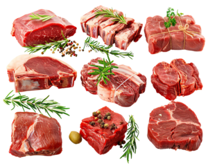Assorted raw meat cuts with herbs and spices for cooking. Fresh beef, pork, and lamb ready to be prepared for a delicious meal.