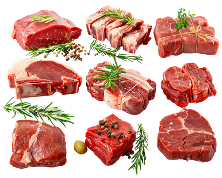 Assorted raw meat cuts with herbs and spices for cooking. Fresh beef, pork, and lamb ready to be prepared for a delicious meal.