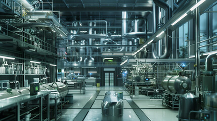 Fototapeta premium A futuristic industrial setting with a lot of pipes and wires. The pipes are glowing blue and the wires are orange