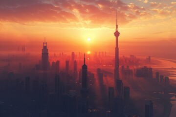 Obraz premium Kuwait City Sunrise with 3 Tower and Panorama view Droneshot