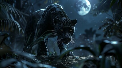 A sleek black panther stealthily stalking its prey through the moonlit jungle.
