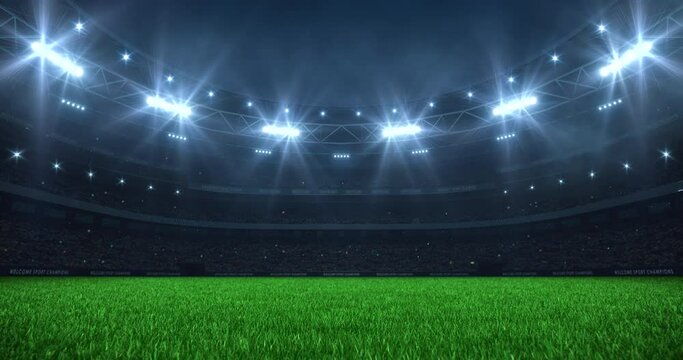 Sports stadium background at night with glowing spotlights and cheering fans. Professional 4K video loop for sports advertisement.