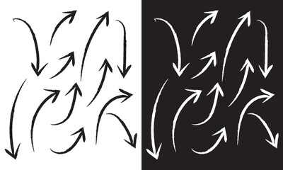 Set of black hand drawn grunge doodle spiral and curved charcoal, chalk arrows on white and black background. Scribble symbols of direction pointers, swirl arrow elements for infographic design.