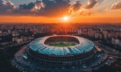 aerial view of modern soccer stadium with city around in sunset