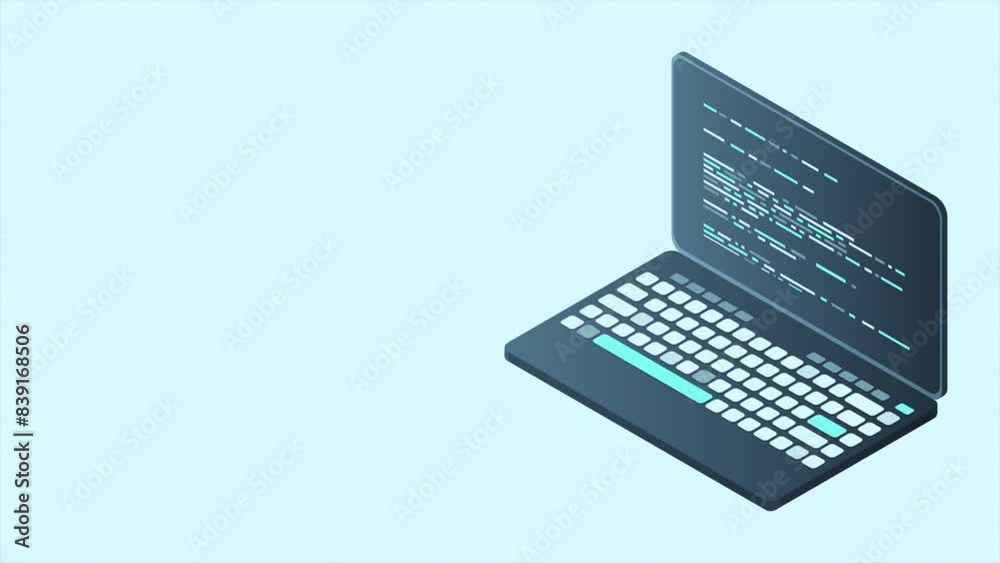 Poster Isometric laptop animation. 3d isometric laptop computer. Abstract programming language and program code on a laptop screen. 4K video animated in isometric style