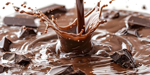 Fototapeta premium Brown chocolate milk splashing on white background isolated with pouring motion. Concept Food Photography, Chocolate Milk, Splashing Action, White Background, Isolated Shot