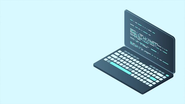 Isometric laptop animation. 3d isometric laptop computer. Abstract programming language and program code on a laptop screen. 4K video animated in isometric style