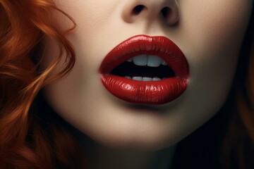 Obraz premium Close-up of a woman with vibrant red lipstick and luxurious curly red hair