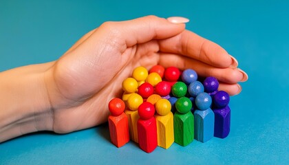 A hand cradling a cluster of colorful wooden figures on a blue surface, representing business,nurturing, diversity, and community protection.